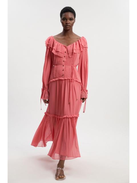 KAREN MILLEN Ruffle Front Crinkle Georgette Woven Maxi Dress