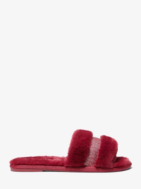 MICHAEL KORS Alexis Faux Fur and Metallic Signature Logo Slide Sandal