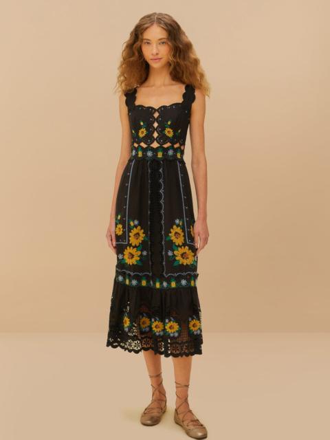 FARM RIO Black Cross Stitch Sunflower Richelieu Lenzing™ Ecovero™ Euroflax™ Midi Dress