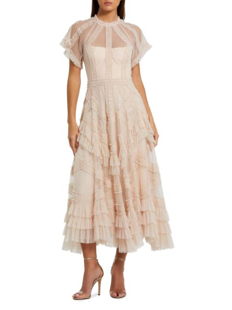 MAC DUGGAL Women's Mesh Ruffle Flutter-Sleeve Midi-Dress - Blush