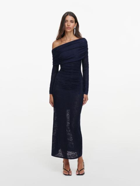 self-portrait Navy Jacquard Gathered Knit Midi Dress