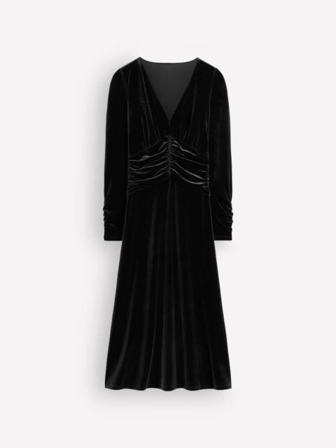 BODEN Mya Ruched Velvet Midi Dress-Black Beauty