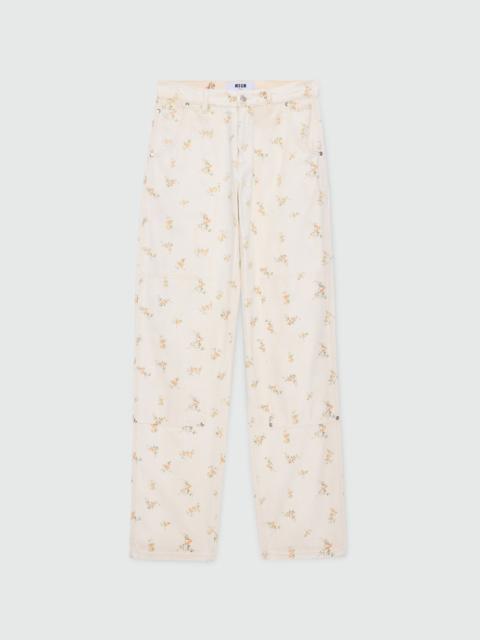 MSGM Off-white cotton canvas trousers with floral print