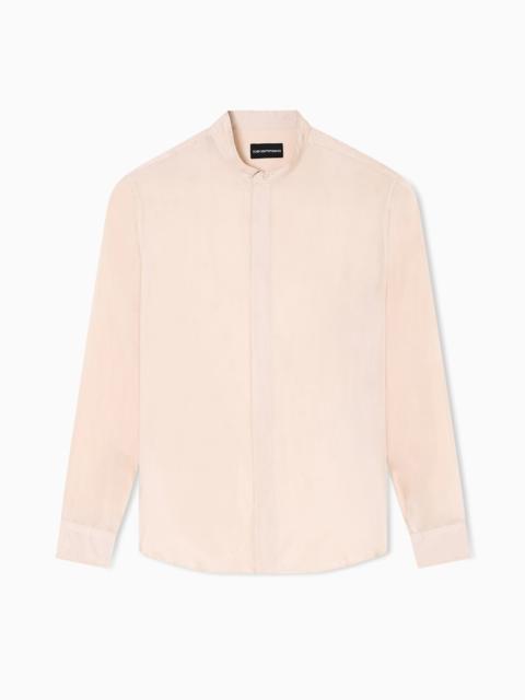 EMPORIO ARMANI PLEATED GURU COLLAR SHIRT IN PURE SILK