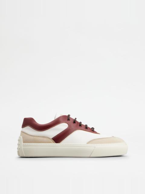 Tod's SNEAKERS IN LEATHER AND FABRIC - WHITE, BURGUNDY, BEIGE