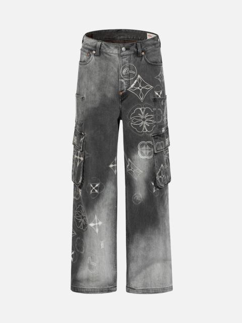 EVISU Tie-Dye Kamon and Seagull Print Fashion Fit Cargo Jeans