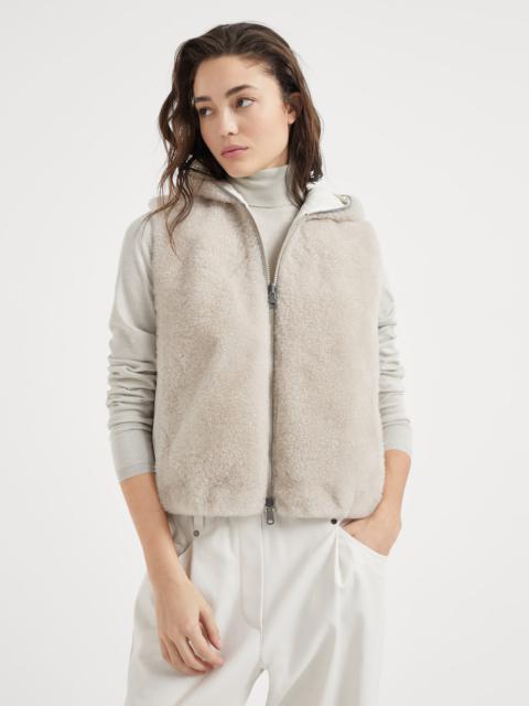 Cashmere shearling reversible hooded vest with precious trim