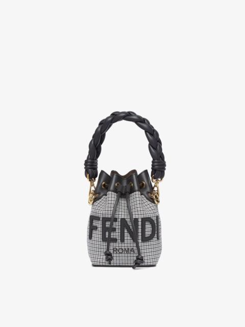 FENDI Small Mon Tresor bucket bag made of gray houndstooth wool with FENDI ROMA lettering and black leathe