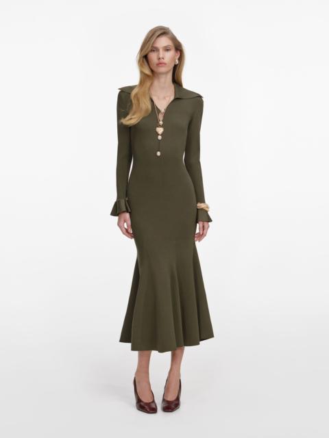 self-portrait Khaki Pointelle Knit Midi Dress