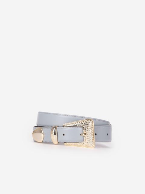 The Kooples BLUE LEATHER WESTERN BUCKLE BELT IN GOLD WITH RHINESTONES