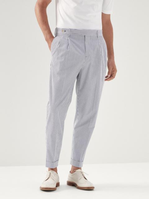 Brunello Cucinelli Striped comfort cotton easy fit trousers with double pleats and tabbed waistband