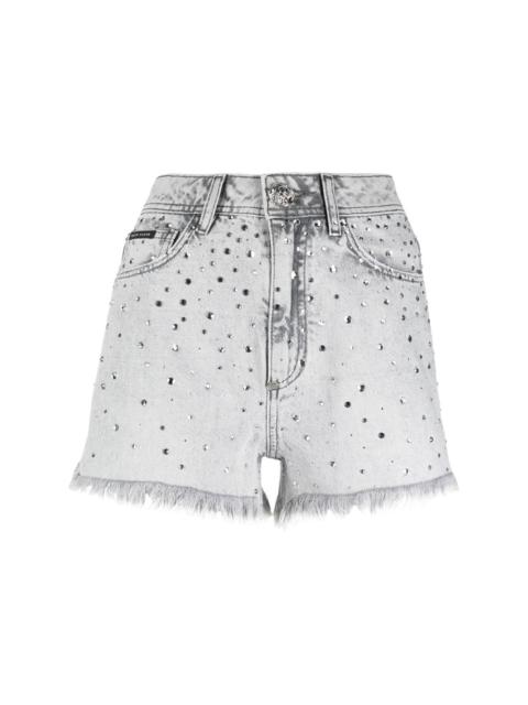 frayed crystal-embellished denim shorts