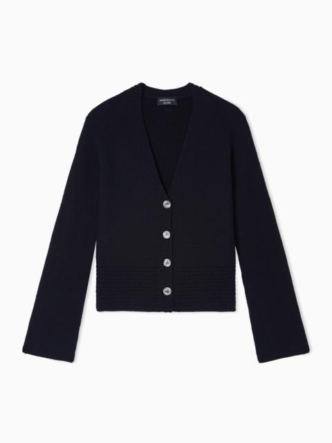 EMPORIO ARMANI ICON V-NECK CARDIGAN IN LINKS-STITCH WOOL WITH OPENWORK