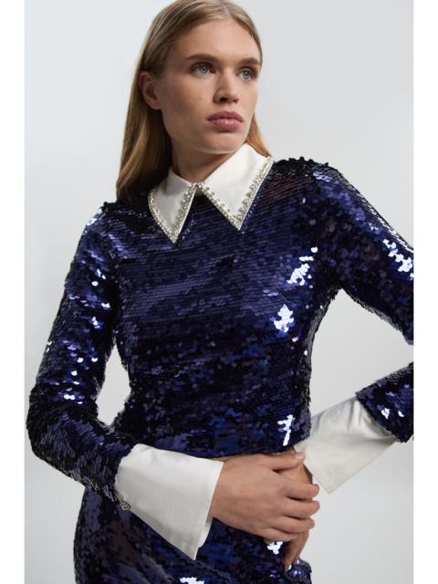 KAREN MILLEN Sequin Woven Long Sleeve Woven Cropped Top