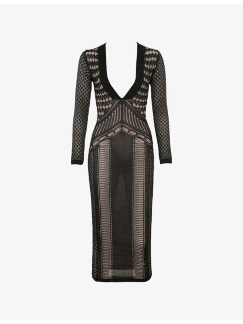 House of CB Loula Plunge-Neck Long-Sleeve Stretch-Knit Midi Dress