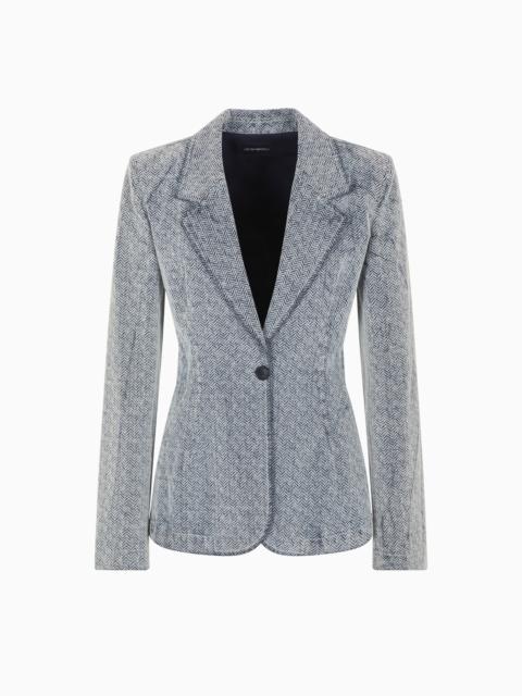 EMPORIO ARMANI SINGLE-BREASTED BLAZER IN FLOCKED DENIM WITH AN ALL-OVER CHEVRON MOTIF