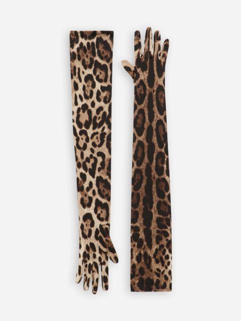 Long leopard-print stretch satin gloves