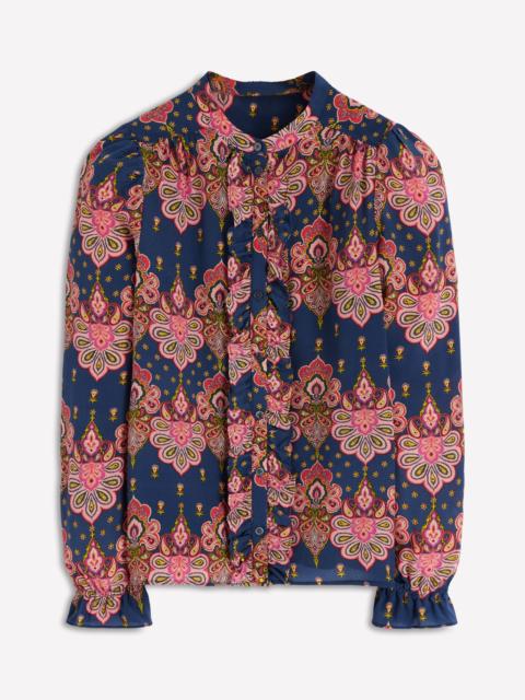 BODEN Alice Frill Front Silk Top-Navy, Embellished Paisley