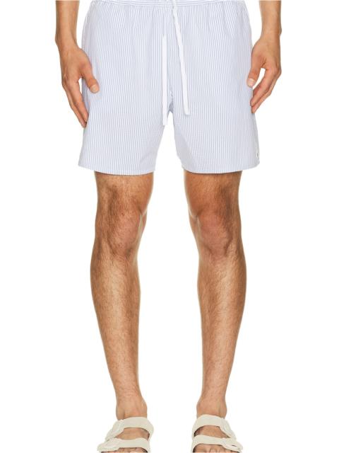 LACOSTE Mid Length Striped Textured Swim Trunk in White & Aphylla