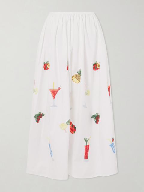 LORETTA CAPONI Talamone Pleated Embroidered Cotton-poplin Maxi Skirt