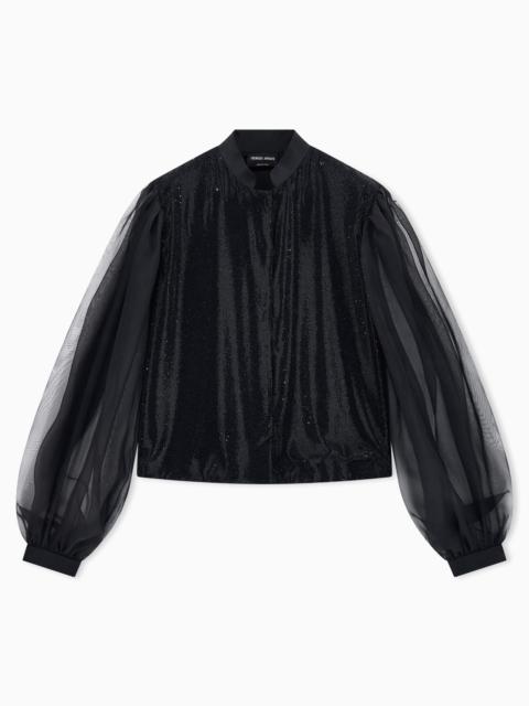 GIORGIO ARMANI SATIN SHIRT WITH SILK ORGANZA SLEEVES AND FRONT RHINESTONES