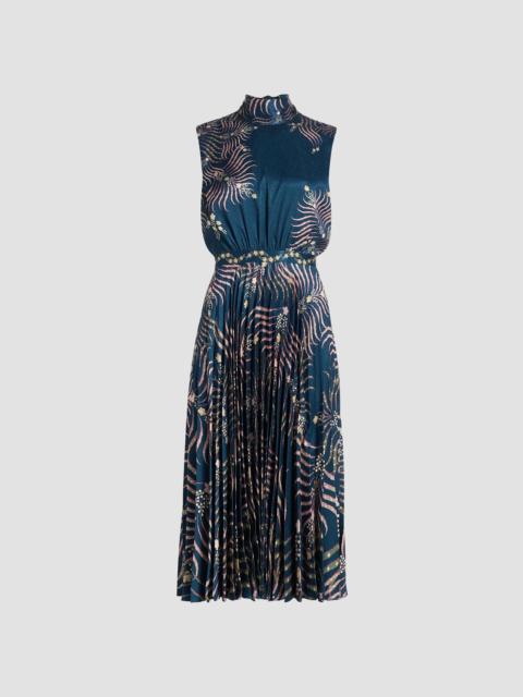 SALONI Women's Fleur Pleated Satin Midi Dress - Palm Trellis Placement