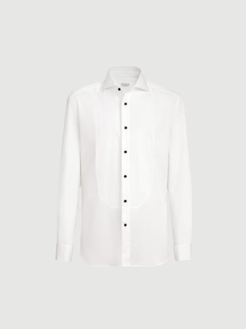 Brunello Cucinelli Sea Island cotton twill slim fit tuxedo shirt with pleated bib, spread collar and French cuffs