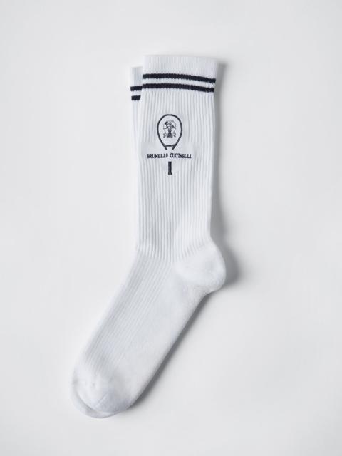 Techno cotton rib knit socks with embroidery