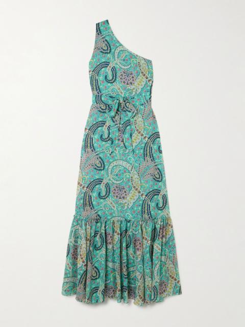 Etro One-shoulder belted printed satin-jacquard maxi dress Light blue