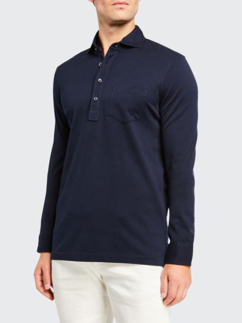 Men's Washed Long-Sleeve Pocket Polo Shirt, Navy