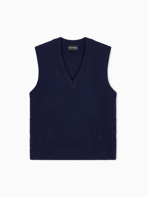 EMPORIO ARMANI VIRGIN WOOL V-NECK VEST IN PATTERNED STITCH