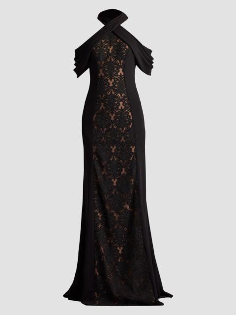 TADASHI SHOJI Women's Cold-Shoulder Corded Lace Gown - Black Beige