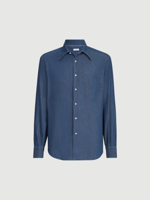 Brunello Cucinelli Lightweight denim shirt with Italian collar and chest pocket