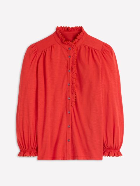 BODEN Emily Pom Detail Ruffle Shirt-Blood Orange