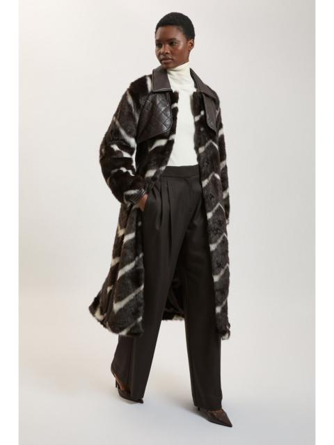 KAREN MILLEN Petite Panelled Stripe Faux Fur Pu Stitch Detail Belted Midi Coat