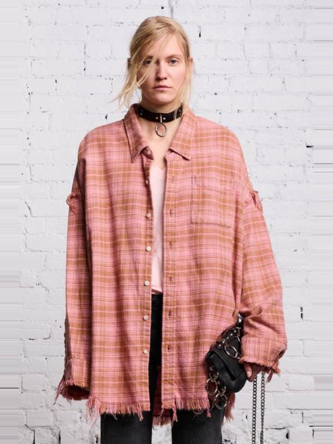 R13 Shredded Seam Plaid Oversize Cotton Flannel Button Up Shirt