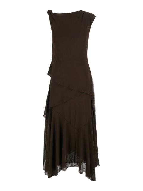 GANNI Marl Brown Long Dress With Layered Design And Knot Detail Tech Fabric Women