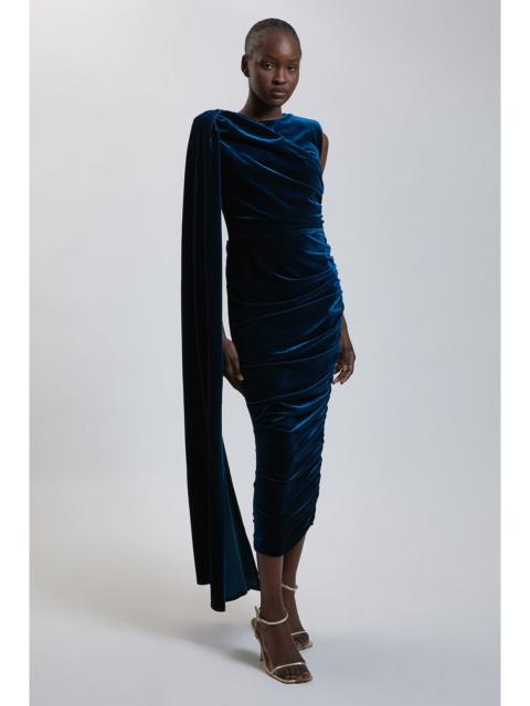 KAREN MILLEN Stretch Velvet Crew Neck Cape Shoulder Maxi Dress