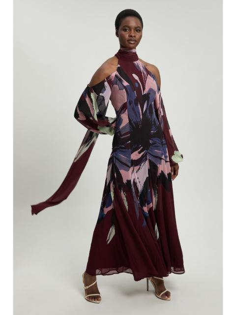 KAREN MILLEN Petite Photographic Floral Crinkle Georgette High Neck Cold Shoulder Woven Maxi Dress