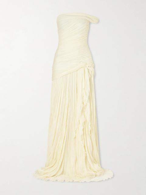 MARMAR HALIM One-shoulder Draped Plissé-chiffon Gown