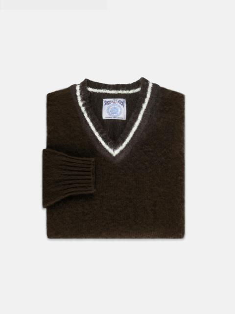J. PRESS MADE-IN-SCOTLAND BROWN SHAGGY DOG V-NECK SWEATER - TRIM FIT