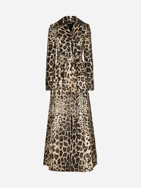 Double-breasted leopard-print goatskin coat with belt