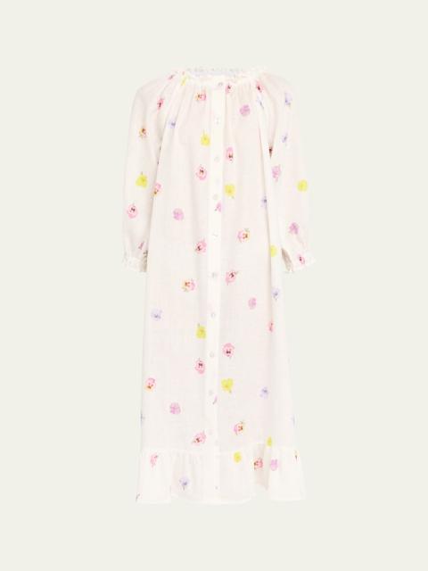 SLEEPER Pansy-Print Linen Loungewear Midi Dress