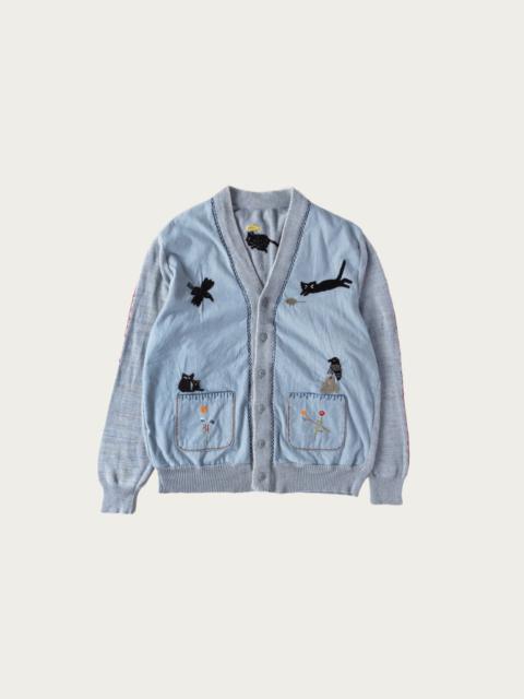 Kapital Knit x Chambray Cardigan (Raven & Cat Embroidery) - Sax