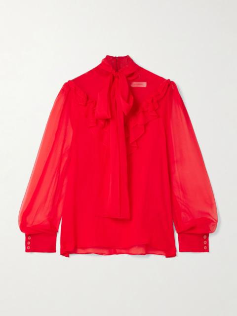 CAROLINA HERRERA Tie-neck ruffled silk-chiffon blouse Red