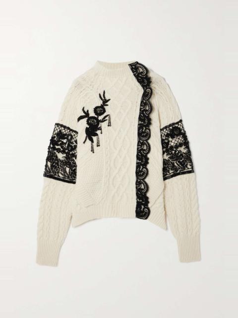 Lace-trimmed embellished cable-knit wool-blend sweater