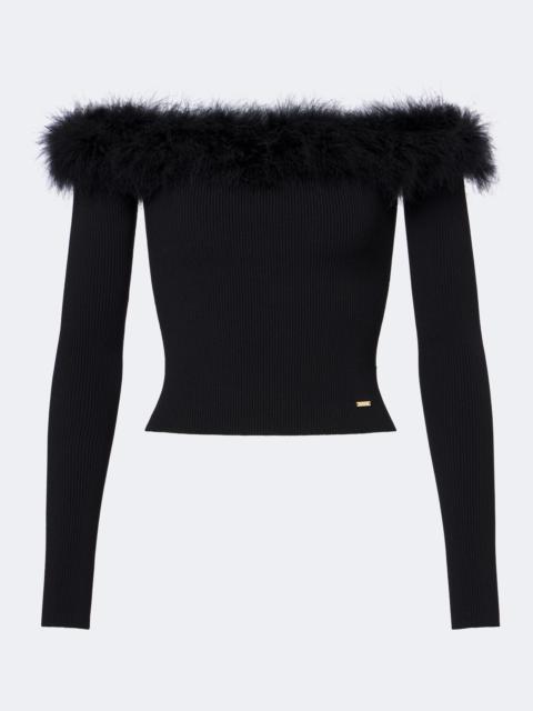GUCCI Feather-trimmed ribbed-knit top