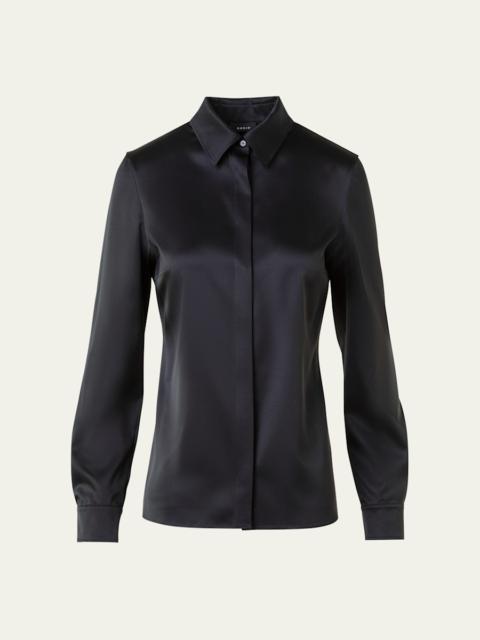 AKRIS Stretch Silk Satin Button-Down Blouse