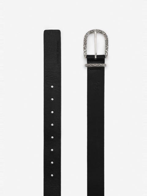 MAGDA BUTRYM Engraved buckle leather belt in black and silver
