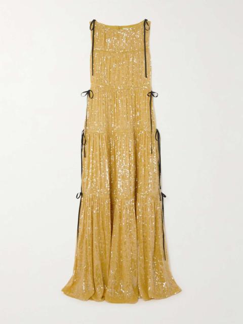 Tie-detailed tiered sequined crepe de chine gown